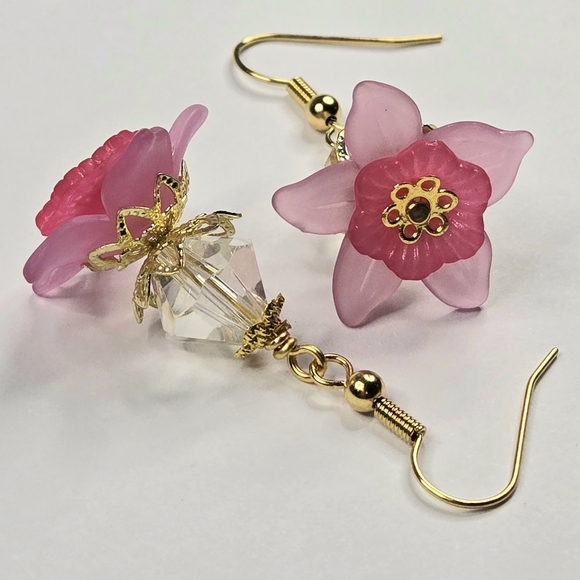 Flower Crystal Fairy Earrings Pink Gold Filled Ear Wires. - Picture 3 of 6
